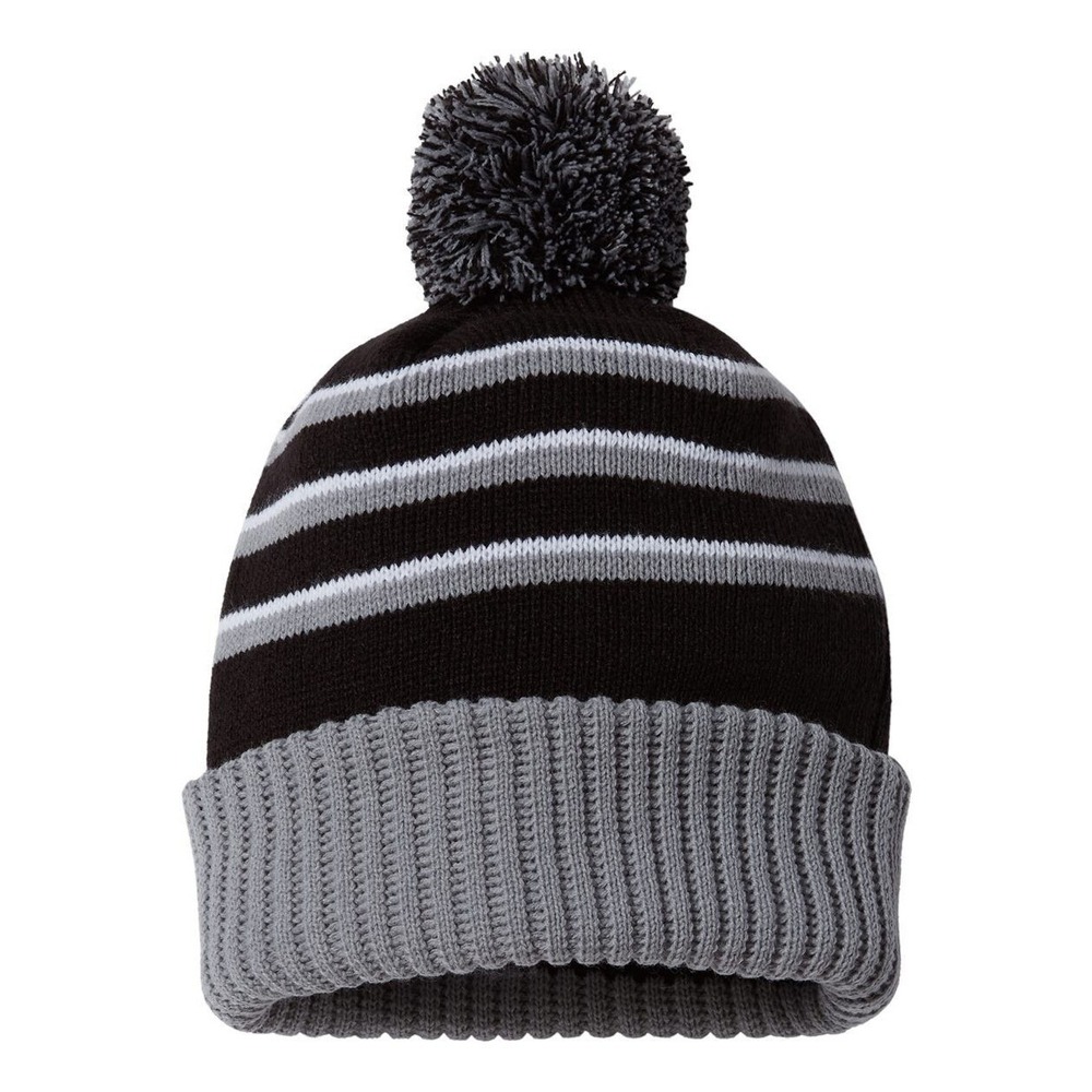 Richardson Men's Pom-Pom Cuffed Beanie Hat‎ - Black, White, Grey Striped - #134